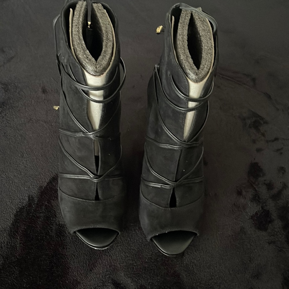 Guess black suede open toe booties